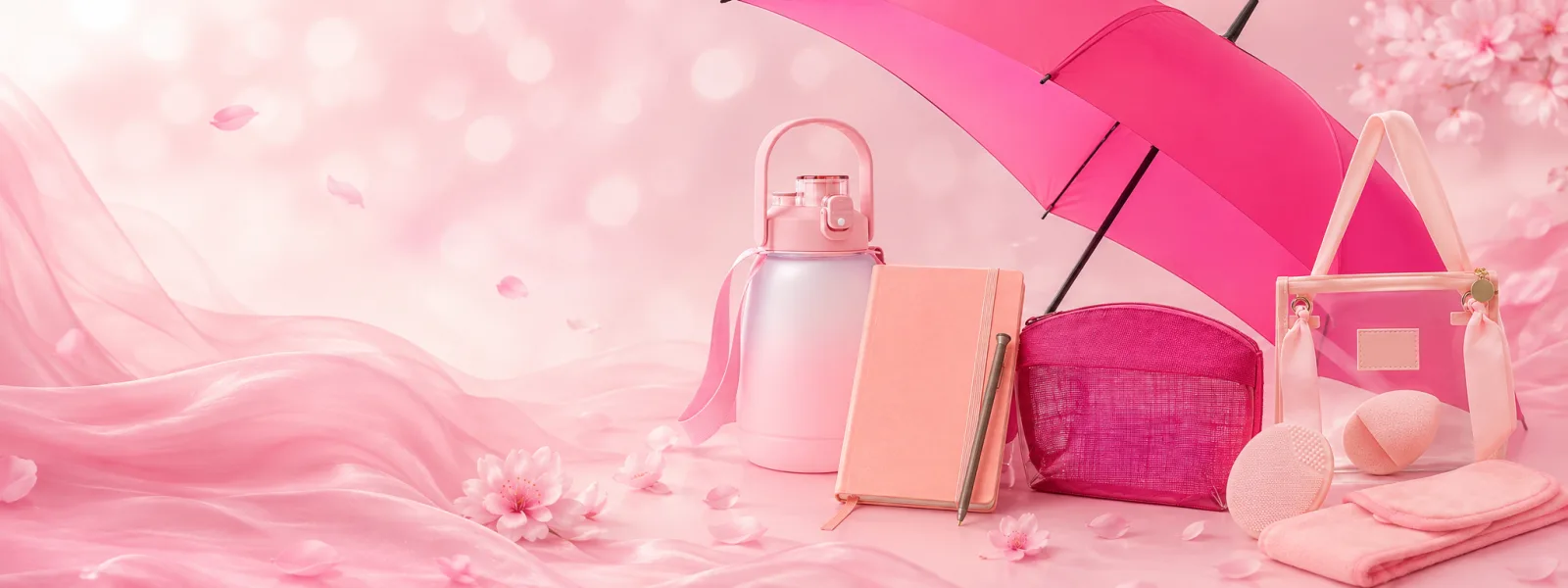 Banner promocional Mes Rosa con productos corporativos en tonos rosados, enfocado en concientización sobre el cáncer de mama y regalos promocionales para campañas de sensibilización.