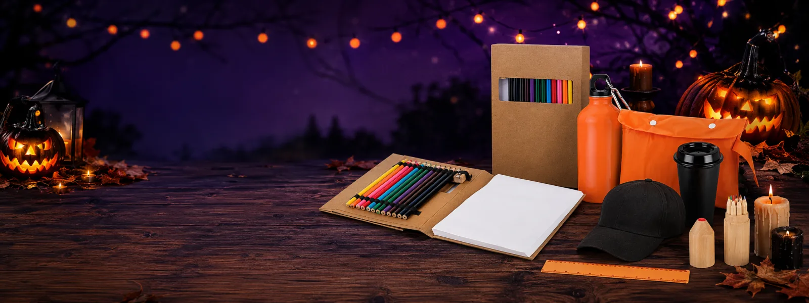 Banner de Halloween con productos promocionales en tonos naranja y negro, incluyendo bolsa, botella, gorra, vaso y artículos de papelería para campañas corporativas.